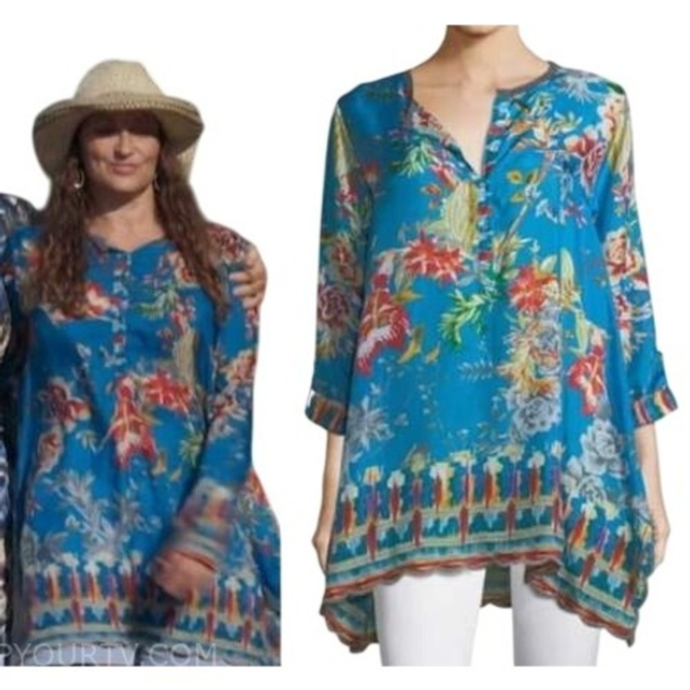 Johnny Was Blue‎ Floral Silk Blend Tunic Top Medium V Neck Button Front Shirt